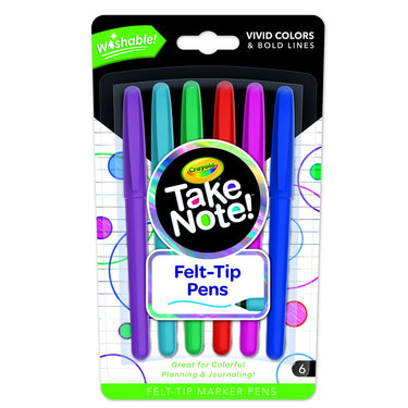 CRAYOLA TAKE NOTE! WASHABLE FELT-TIP MARKER PENS 6 PACK